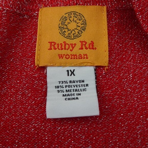 Ruby Rd Cardigan Sweater Women's Plus Size 1X Red Silver Sparkle Long Kimono - Picture 7 of 9